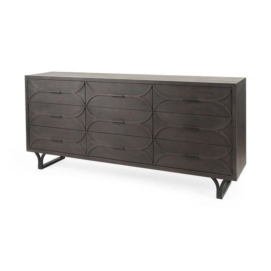 Giselle II Brown Fir Veneer w/ Black Metal Leg 9 Drawer Sideboard - 70.1L x 15.9W x 31.9H