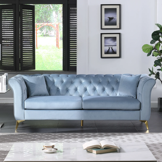 Flared Arm And Y-Shape Golden Color Legs Luxurious Plush Multi Density Foam Cushions 3 Seater Sofa
