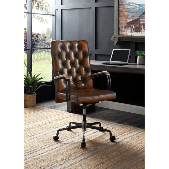 Noknas Swivel Office Chair with Adjustable Height and Wheel in Brown Lether