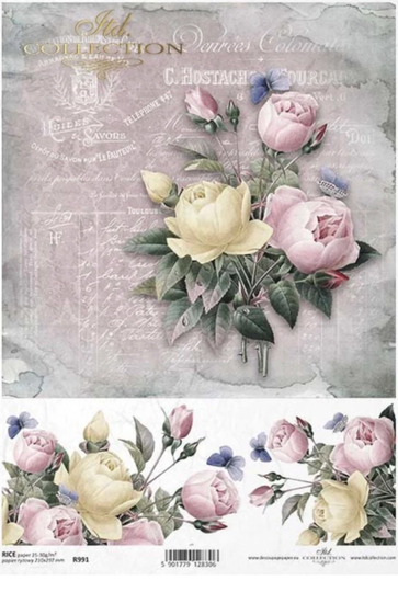 Vintage Rose Rice Paper For Decoupage, Mulberry, Tissue, Scrapbooking, Card Making, 1 A4 Sheet, R991