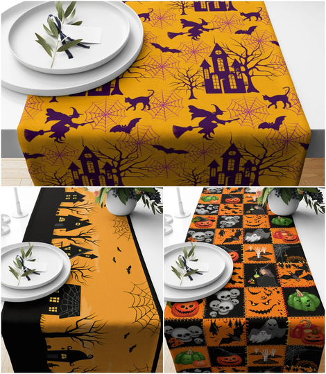Halloween Table Runner|Haunted House Runner|Ghost & Skull Runner|Bat Cat Spider Home Decor|Scary Pumpkin Themed Top