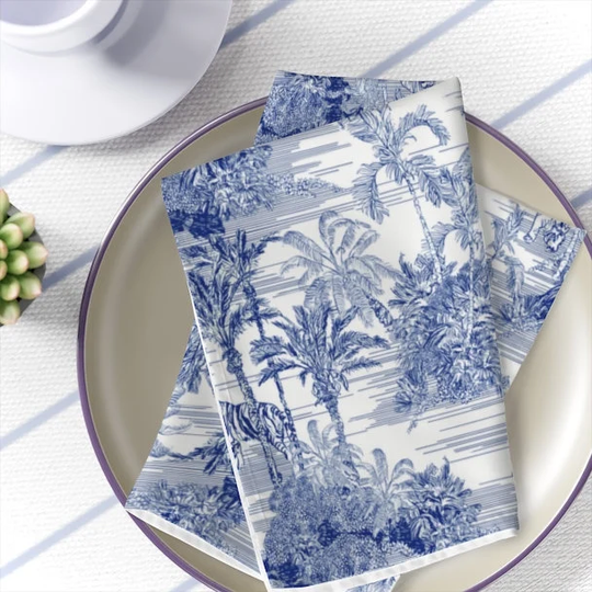Toile Table Napkins Blue & White Toile Dinner Napkins Set Of 4 Vintage Jungle Kitchen Decor Exotic Tiger Table Decoration Fabrics