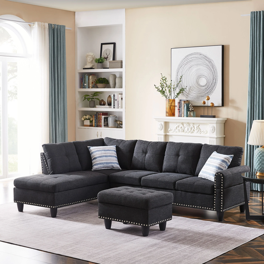 6 Seat L-Shaped Sectional Sofa with Left Chaise,Corner Sectional Couch with Ottoman and Cup Holder,Black