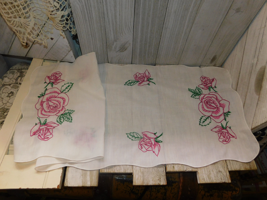 Vtg Embroidery Pink Flowered Table Runner, Flower Linen Cover, Dresser Shelf Prop, Daysgonebytreasures