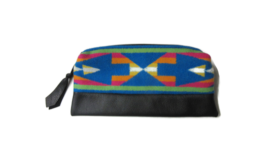 Large Leather Zippered Pouch Pencil Case Cosmetic Bag Make Up Clutch Purse Wool From Pendleton Woolen Mills