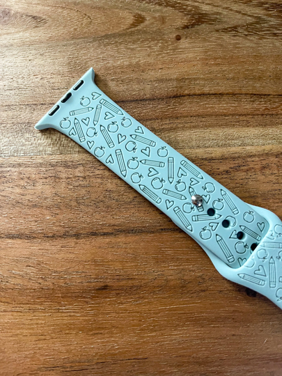 Teacher Pattern Engraved Watch Band | Silicone Bands Custom Engraving, Pre-K, Elementary, Kindergarten Gift, Pencils, Apples