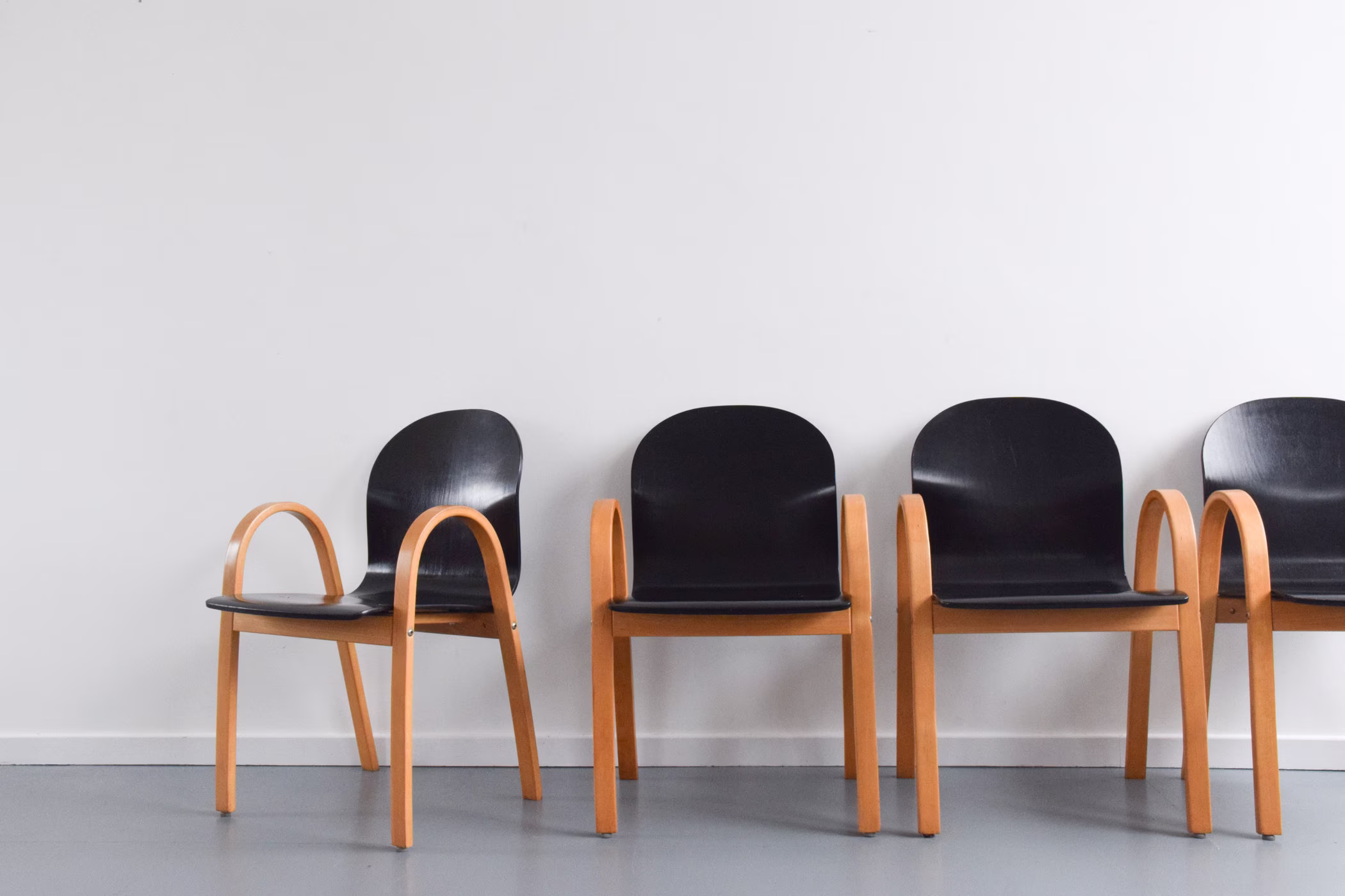 Vintage Set Of Four Danish Hyllinge Mobler Beech & Black Plywood Stacking Chairs