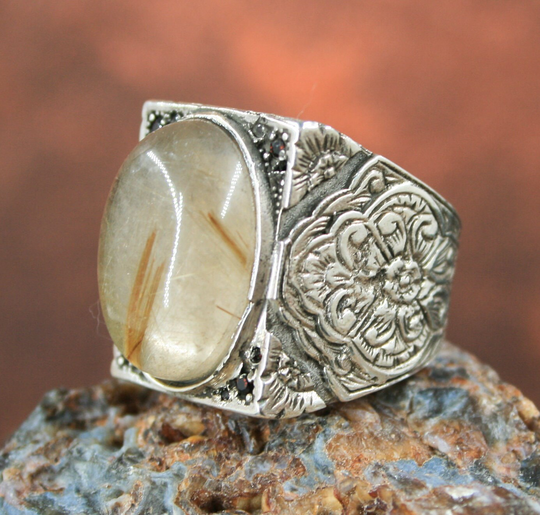 Pencil Engraved Rutile & Garnet Stone Silver Ring-Natural Quartz Ring-Vintage Ring-Birthstone Gemstone Ring Jewelry