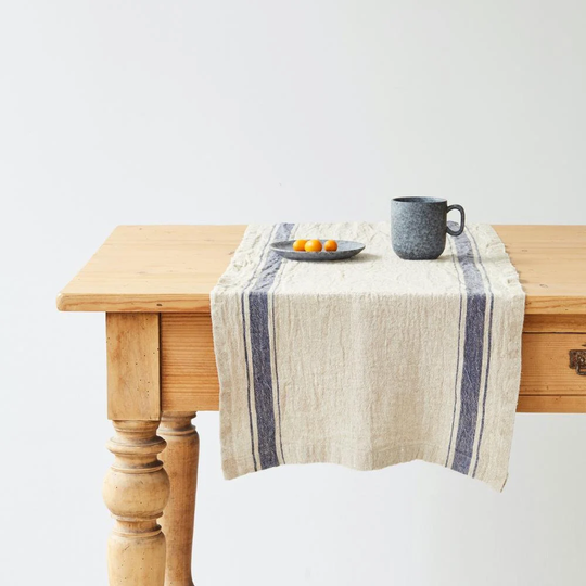 Blue Stripe Vintage Linen Table Runner. Natural Stonewashed Linen Table Runner