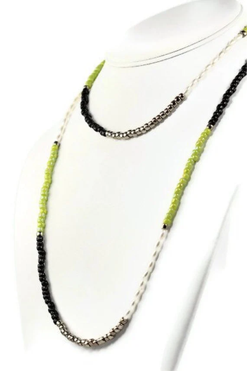 Long Beaded Necklace Color Blocking in Bright Chartreuse Black Silver & White Pearls Wrap Bracelet