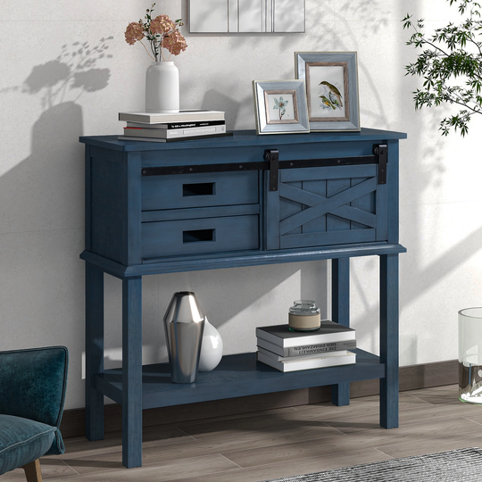 The Barn Pine Wood Console Table with Sliding Barn Door and Drawers