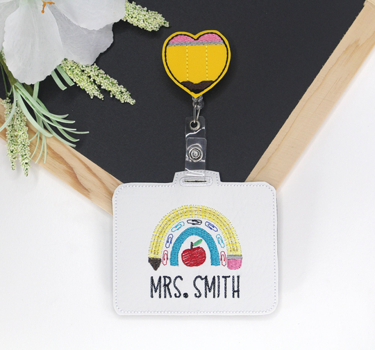 Reel Id Badge Holder, Pencil Rainbow Personalized Boho Horizontal Card Protector Case, Lanyard Accessory, Teacher Gift