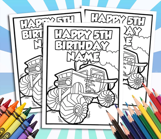 Monster Truck Happy Birthday Coloring Pages, Custom, Personalized Party Decor