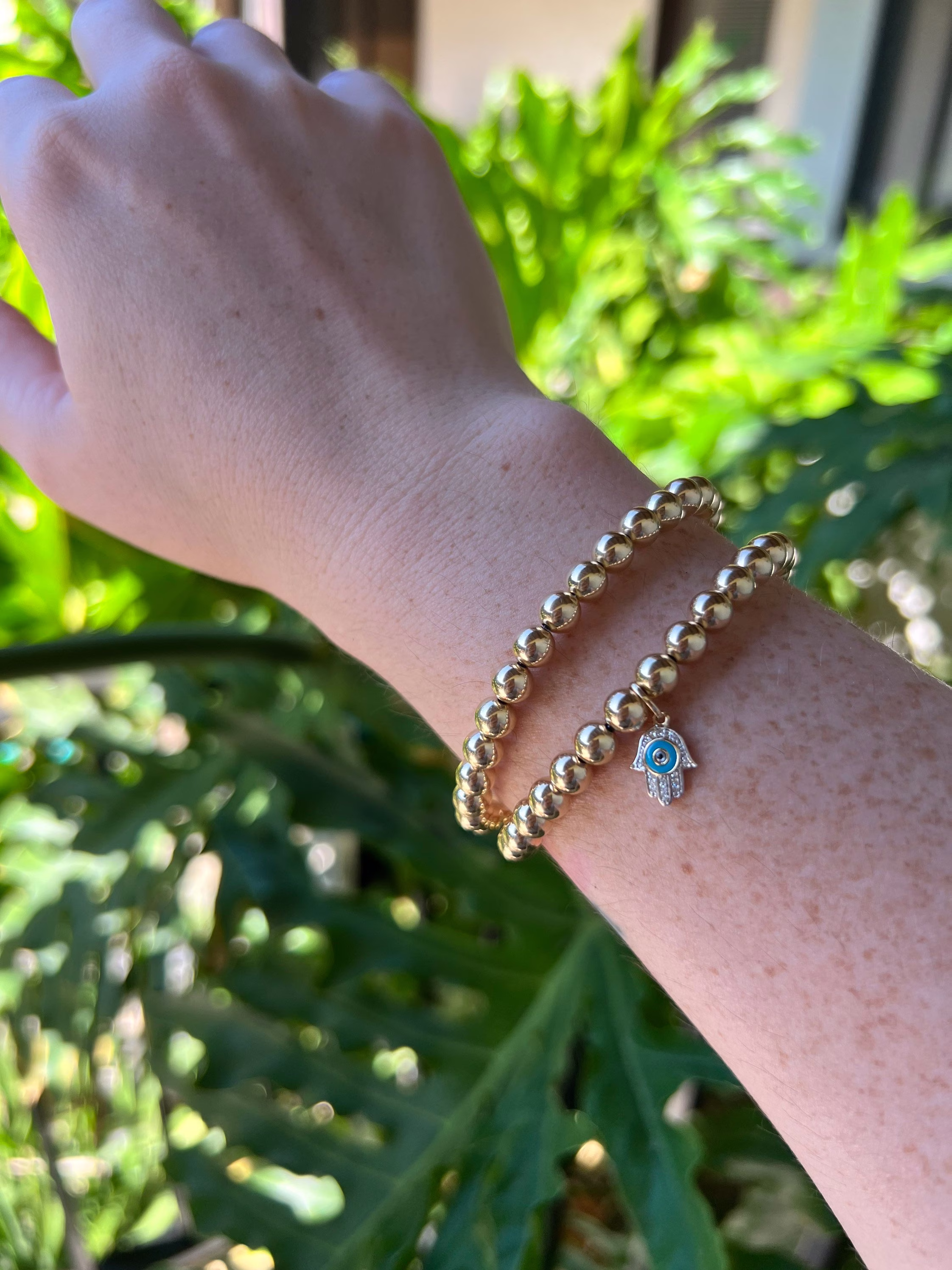 14K Gold Diamond Hamsa Charm Beaded Bracelet - Stackable Stretch With
