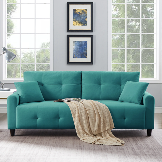 Linen Tufted Sofa With Toss Pillows, Round Arm Living Room Sofa Couch