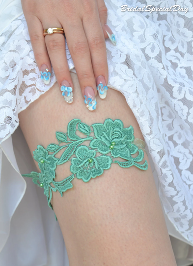 Wedding Garter Mint Green Lace Bridal Set, Gift For Bride, Summer Garter, Flower Prom Gifts