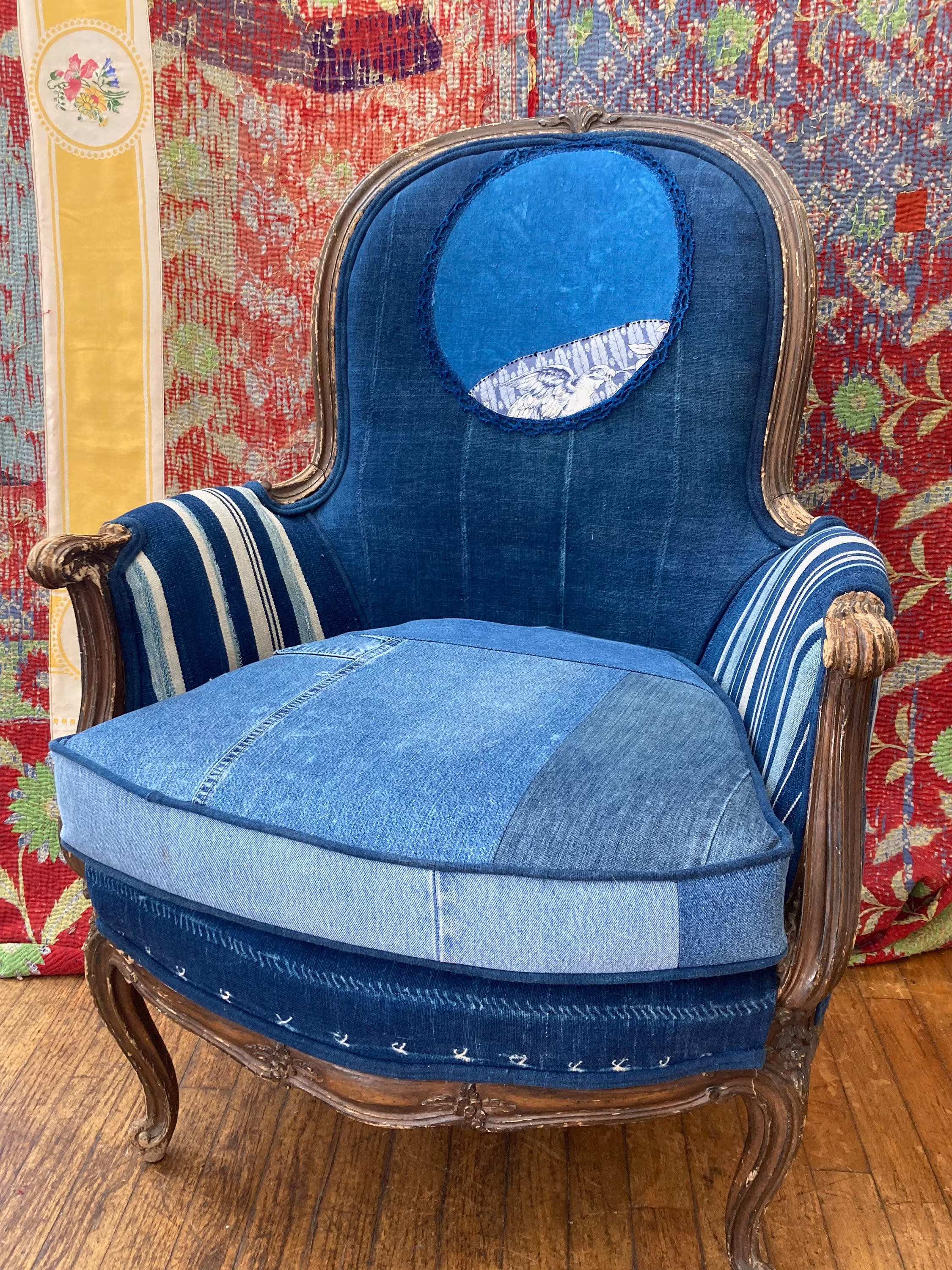 Indigo Upholstered Arm Chair, Parrot Printed Textile Detail, Vintage West African Fabrics, Handwoven Indigos