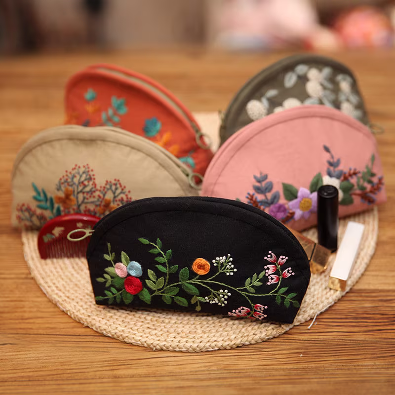 Diy Embroidery Kit Of Pencil Case Cosmetic Bag, Flower Pattern Printed Cross Stitch Kits, Sewing Art Needlework Handicraft Gift