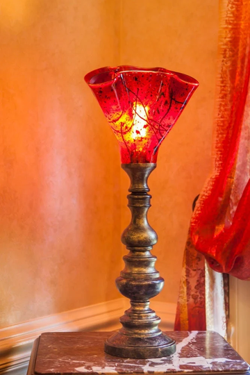 Red Table Lamp, Vintage Romantic Fused Glass Art Statement Handmade Able Red Shade
