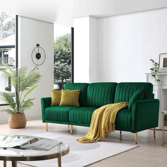 3 Seat Velvet Padded Seat Sofa Tufted Finish Living Room Sofa with Removable Back Cushion & Reversible & Metal Legs, Pillows