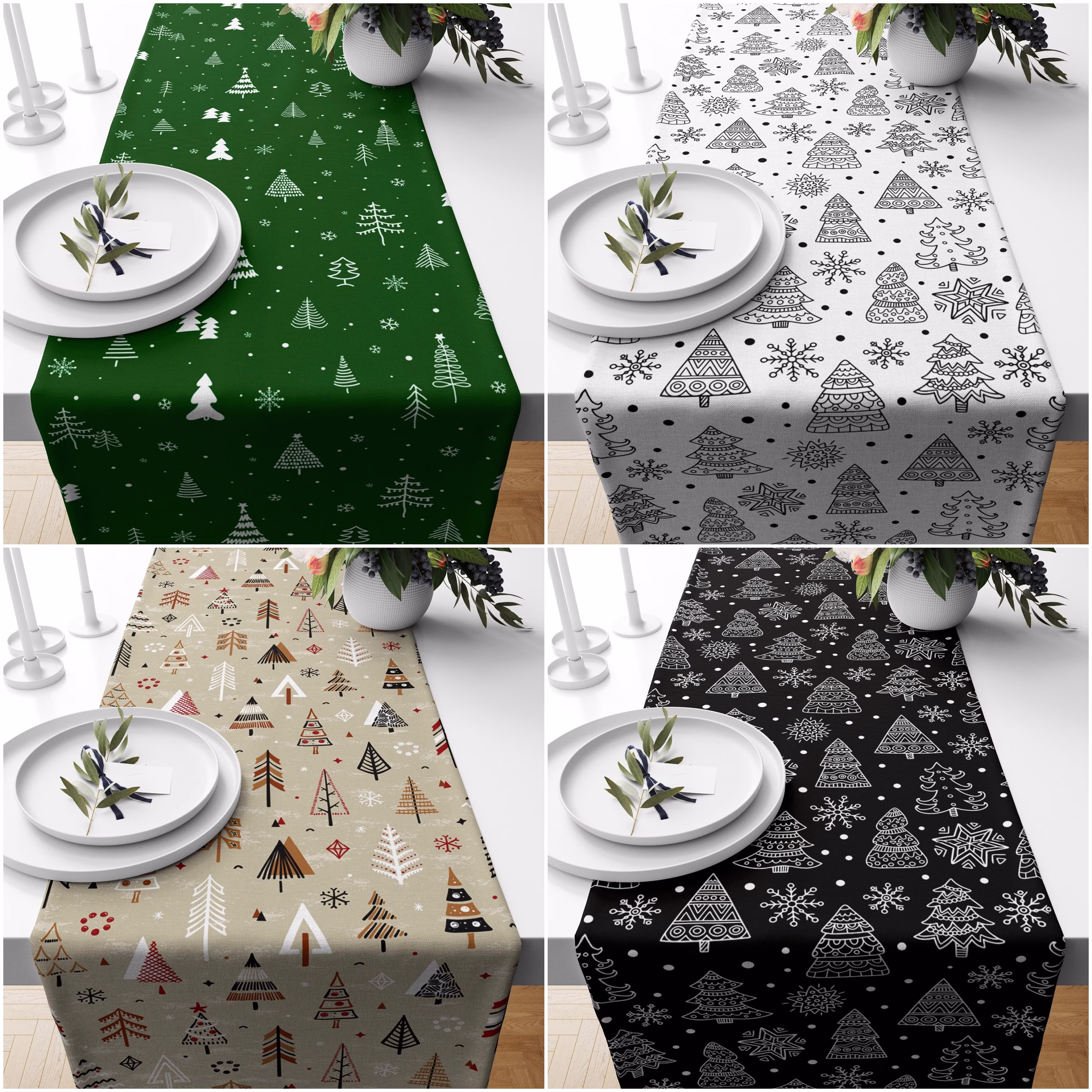 Winter Pine Tree Table Runner|Christmas Decor|Snowflake Centerpiece|Beige Green Black & White Abstract Tablecloth