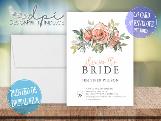 Bride Shower Peach Colored Rose Bridal Invitation, Watercolor Boho Floral Invite, New Card, Digital Or Printed