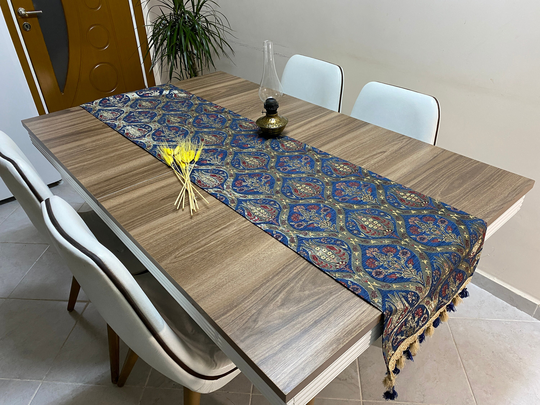 Dark Blue Tulip Pattern Turkish Table Runner, Long Boho Wedding Decor, Gray Carnation Farmhouse Rustic Rnr372