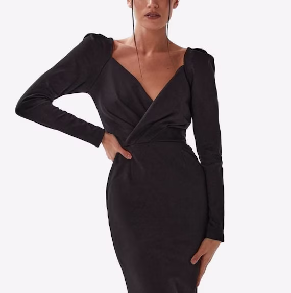 Black Pencil Occasion Dress For Women Below The Knee Spring Pencil-Case Long Sleeves
