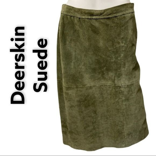 Deerskin Natural Suede Leather Green Pencil Skirt Size M Lined Straight Skirt