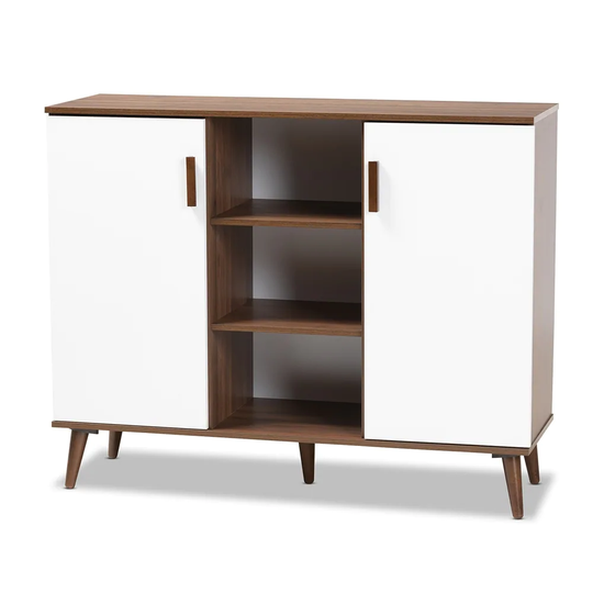 Quinn Mid-Century Modern Two-Tone White and Walnut Finished 2-Door Wood Dining Room Sideboard