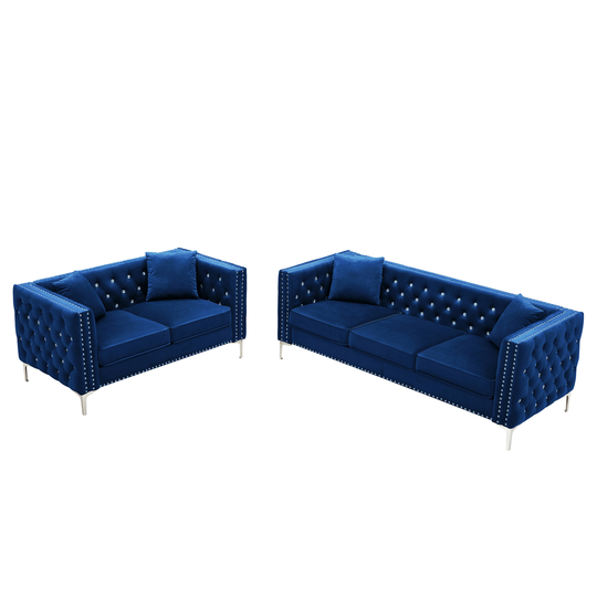 2 Piece Luxury Velvet Upholstered Sofa Set Tufted Back Sofa and Sectional Sofa with Jeweled Buttons, 4 Pillows Included