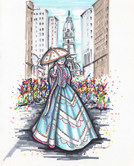 Original Pencil & Marker Illustration Of Philadelphia's Mummers Day Parade With Philly Broad St City Hall New Years String Bands