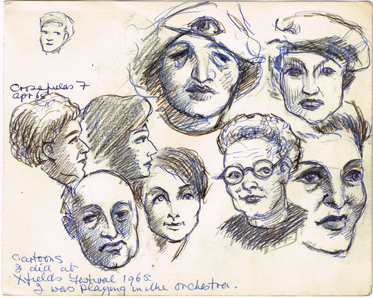 Antique Vintage Original 1960S, Pencil Pen Sketch Drawing Of People Faces Crossfields Festival By F Cooke