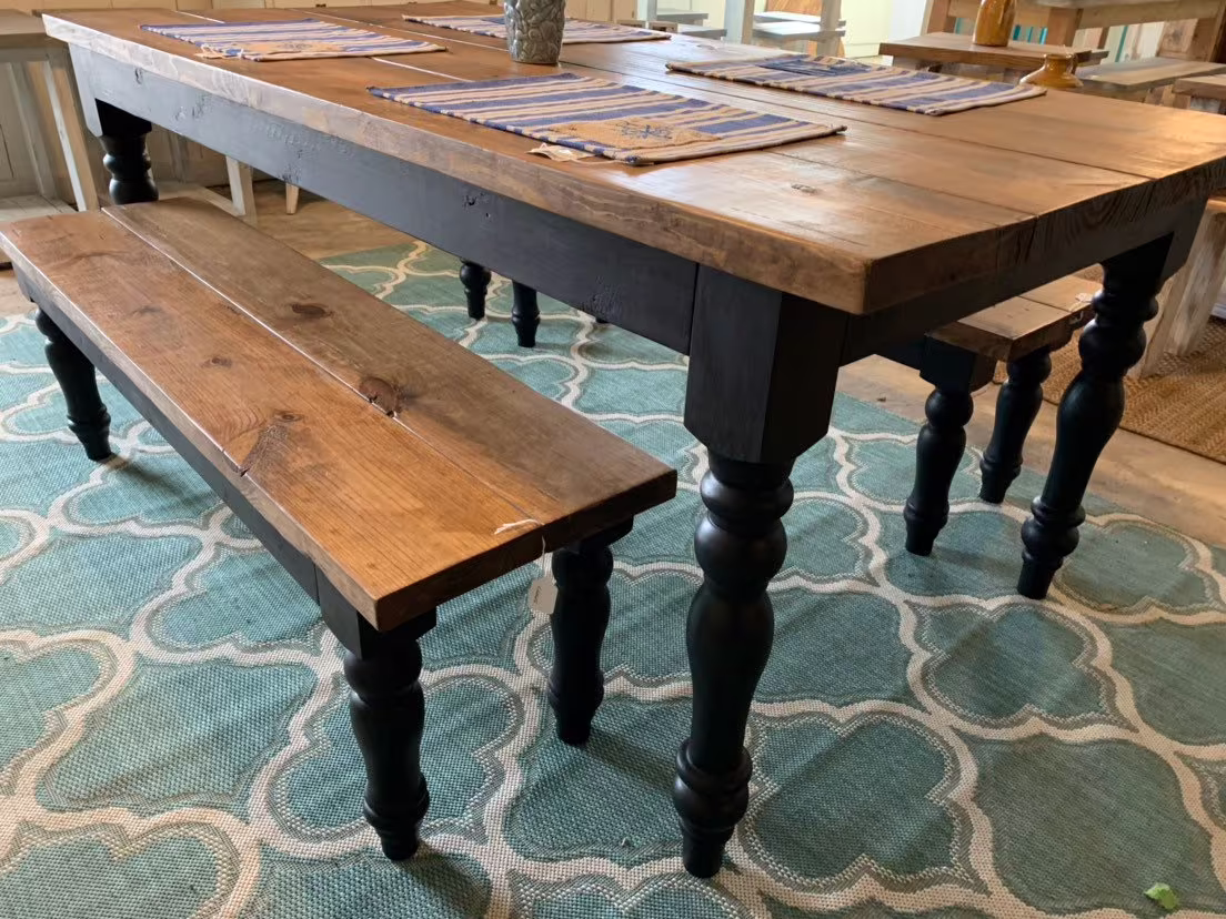 Modern Farmhouse Table With Turned Leg & Two Bench Option, Provincial True Black Minwax Stain Handmade Dining Set, Kitchen Set