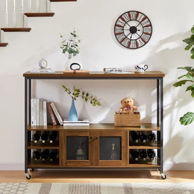 Industrial Style Rustic Wooden Wine Bar Cabinet With Rolling Castors, Farmhouse Dining Room Sideboard Console Table