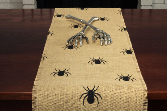 Halloween Burlap Table Runner, Black Spider Decor, Party