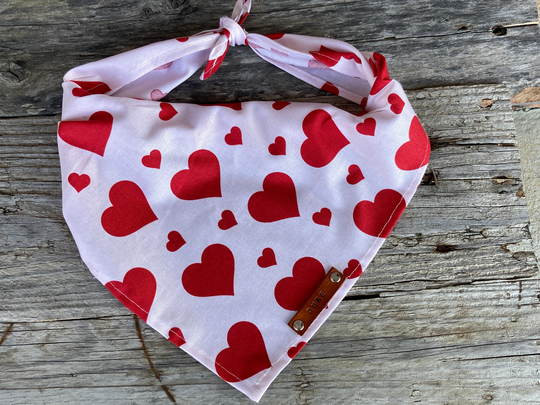 Dog Bandana, Red Hearts Traditional Tie, Personalized Leather Name Tag Bandanna, Scarf, Pet Accessories, Bandana