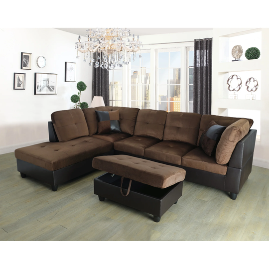 3-Pieces Sectional Sofa Set,Left Facing,Chocolate Microfiber(107A)