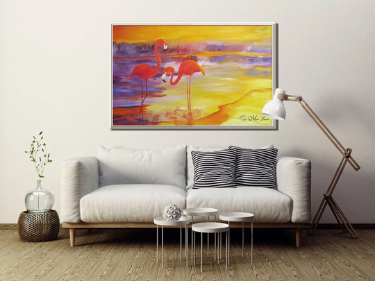 Birds Art Print, Colorful Large Wall Art, Flamingo Animal Living Room Vivid Nature Relaxing Decor