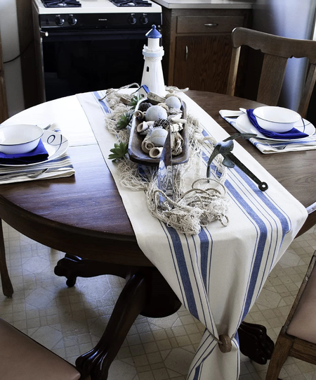 Beach Table Runner, Dresser Scarf, Coffee in Blue & Beige Farmhouse Rustic Décor