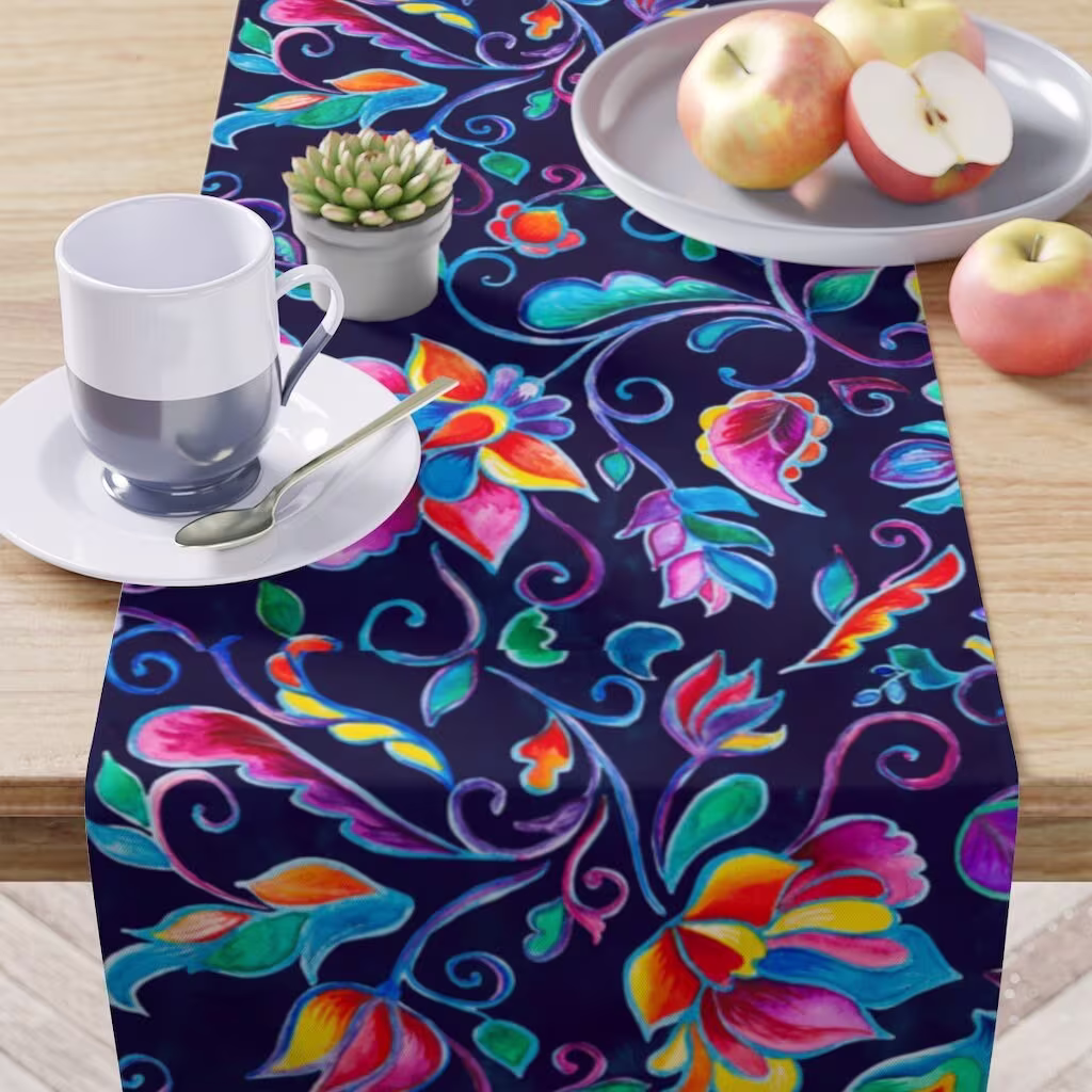 Dark Colorful Floral Table Runner - Decorative Spring Whimsical Boho Eclectic