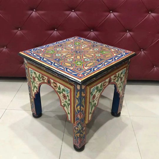 17'' Square Blue. Wooden Coffee Table/ Moroccan Table, French Handmade Wood Hand Painted Tea Table