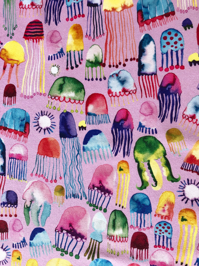 Watercolor Rainbow Jellyfish Family Pink Quilting Cotton Fabric By 1/2 Yard Or Fat Quarter, Under The Sea Luminous Creature
