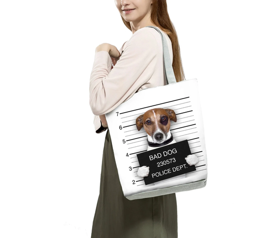 Cotton Bag, Fabric Bag With Long Handles, For Shopping, Dog Art Print Tote Handbag, Women Fabric Bag Student School Bags