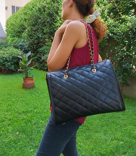 xl Diamonds Genuine Leather Shoulder Bag, Quilted Elegant Shopper Minimalist Office Iconic Black Shopping Eternal Fashion Bag