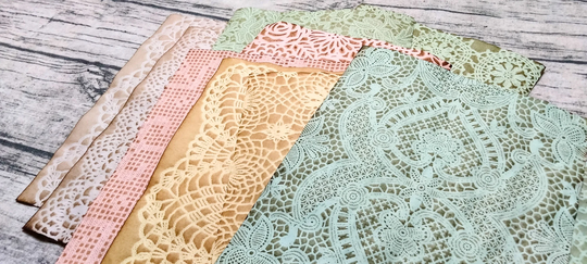 10 Pastel-Colored Shimmer Lace Papers Mystery Pack, Handmade, Collage, Mixed Media, Junk Journal, Supplies, Ephemera, Coffee Dyed, Stained