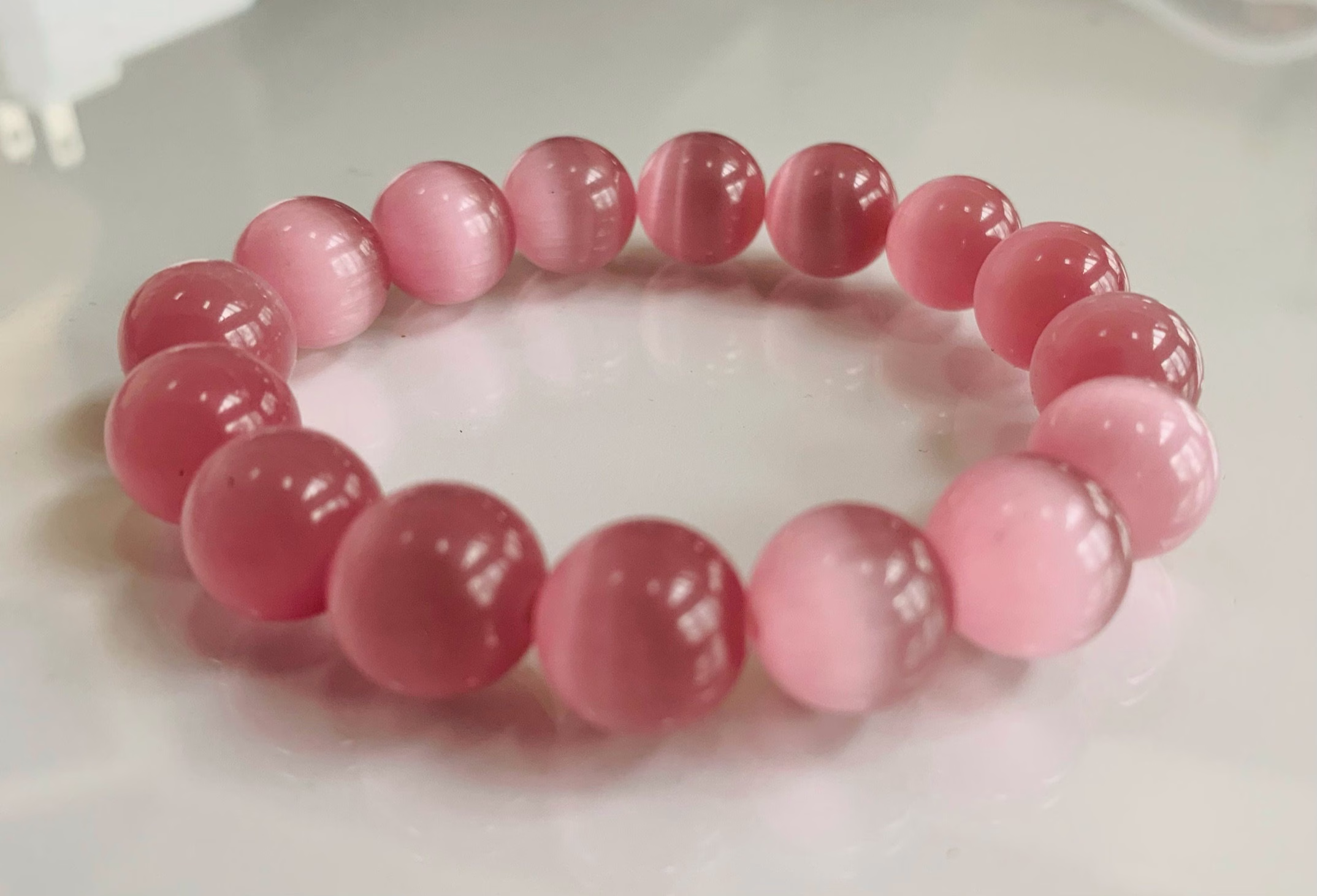 Pink Cat's Eye Bracelet, Stretch Grade Aaa+ Fiber-Optic Glass Beads, Eyes Protection Bead Bracelet