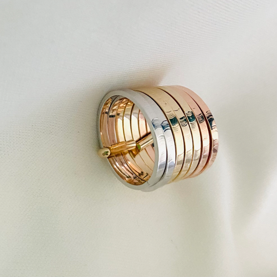 Tri-Color Interlocking Rings, Trinity Ring, Three Color Rolling Band Gold Plated Textured Statement Stacking Ring