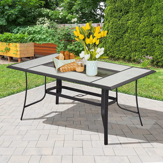 Erommy 66 Inch Large Outdoor Dining Table, Metal Steel Table with 1.77" Umbrella Hole for Garden, Backyard and Lawn