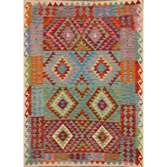Multi-Color Geometric Kilim Oriental Rug Flat-weave Wool Carpet - 5'6"x 6'10"
